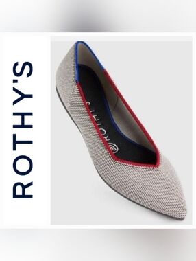 Rothy's Retired Gray Points Red & Blue Piped Ballet Flats Sz 8